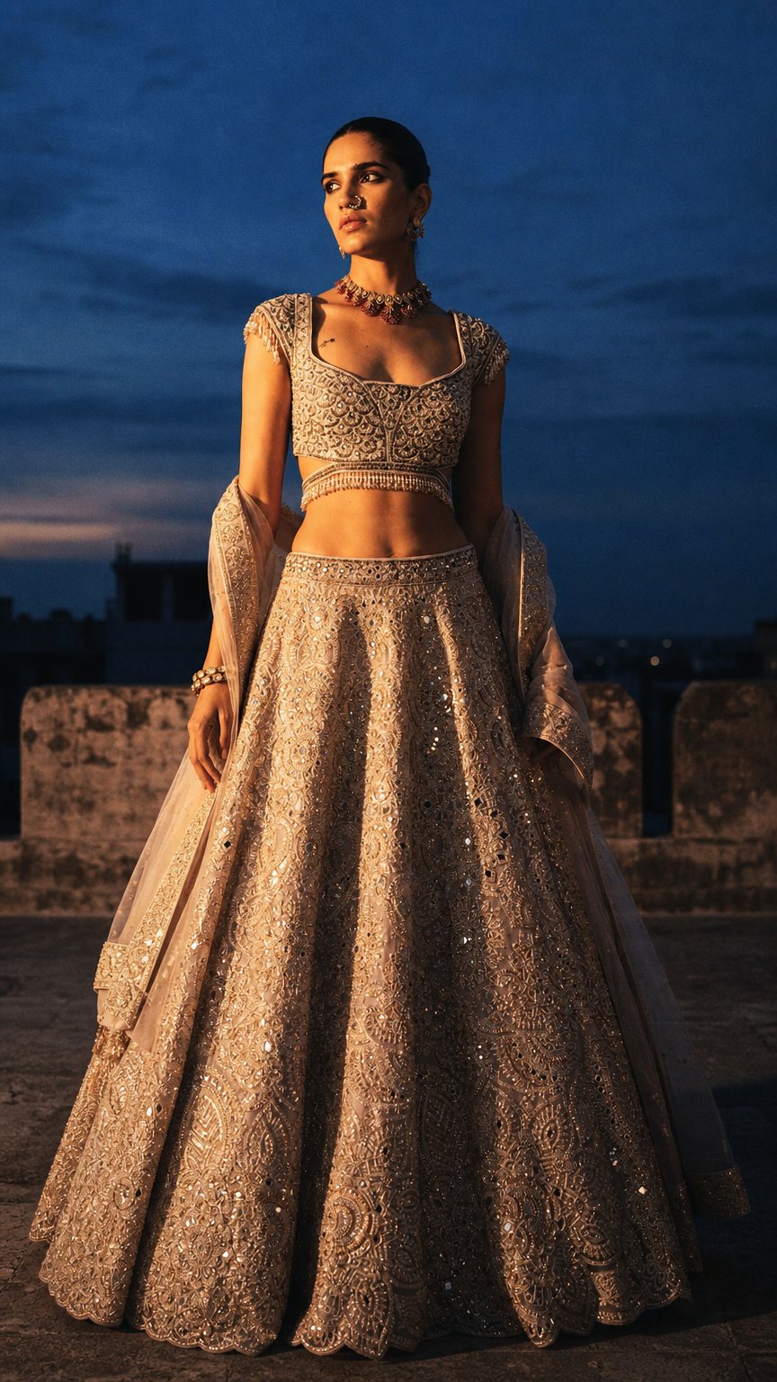 AI product shot of CHAMPAGNE OPAL EMBROIDERED LEHENGA SET