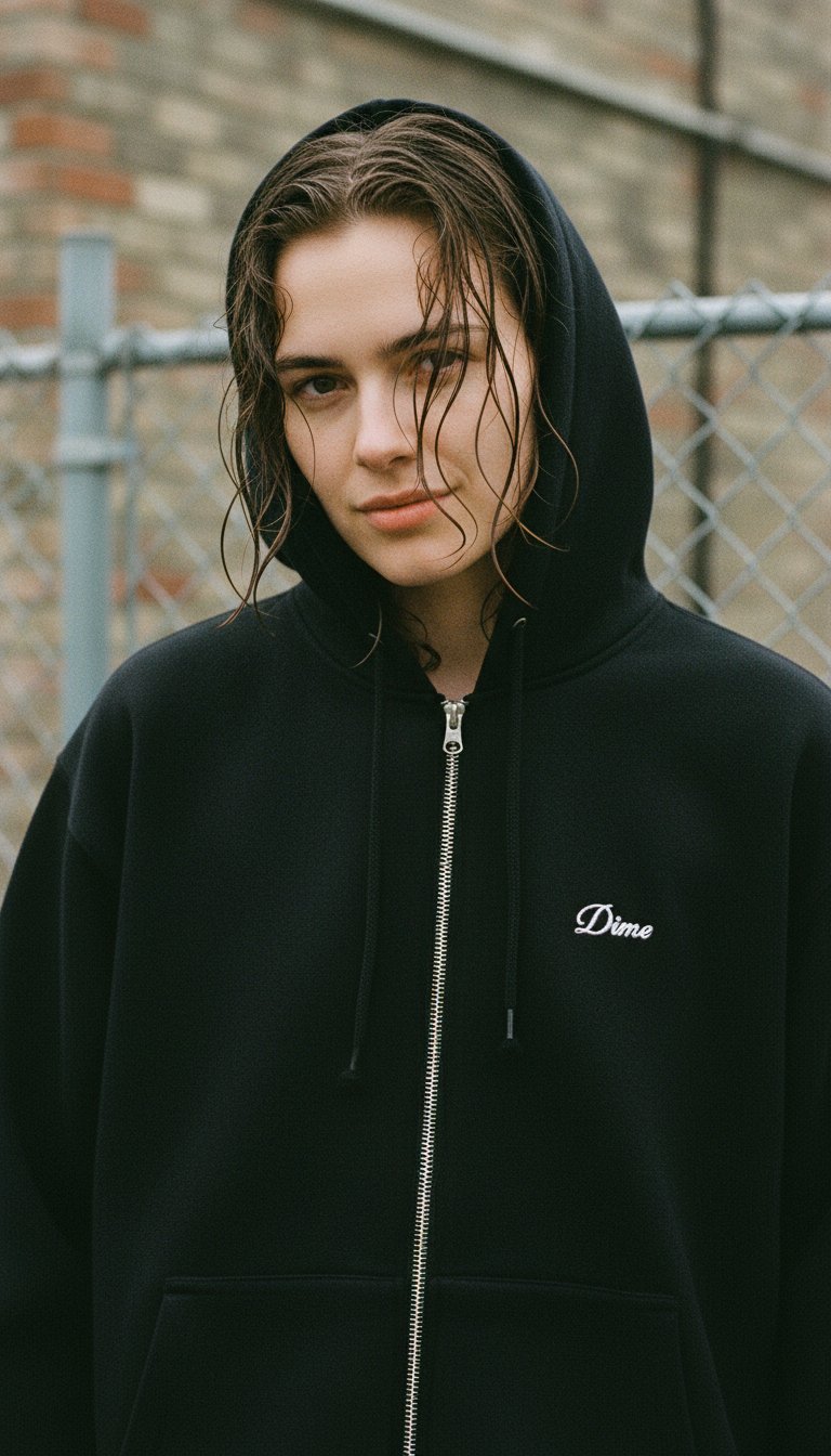 AI product shot of Dime Cursive Zip Hooded Sweater Black