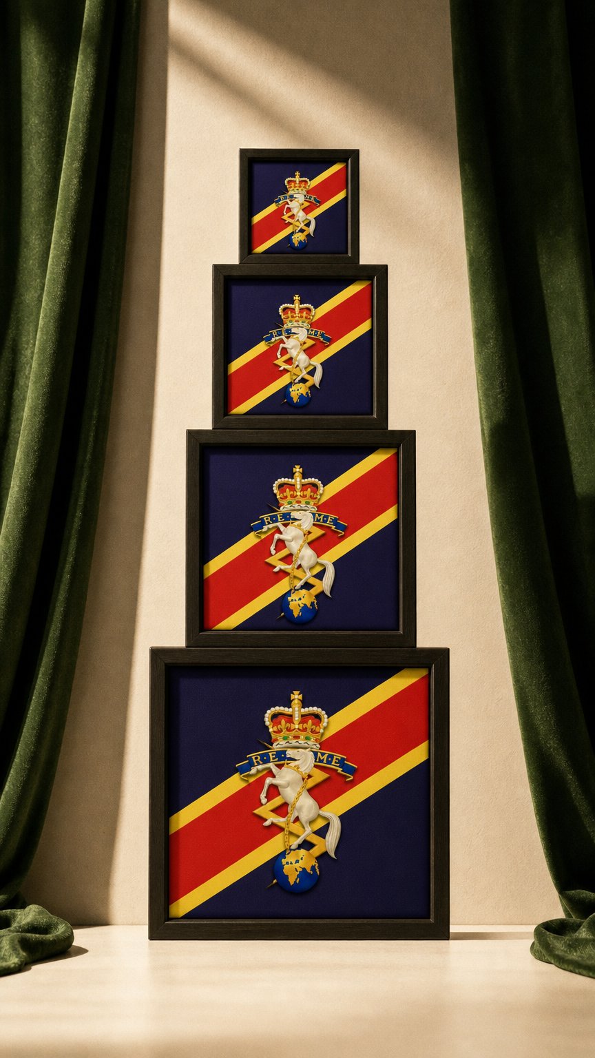 AI product shot of REME Queen's 3D Cap Badge Display Frame