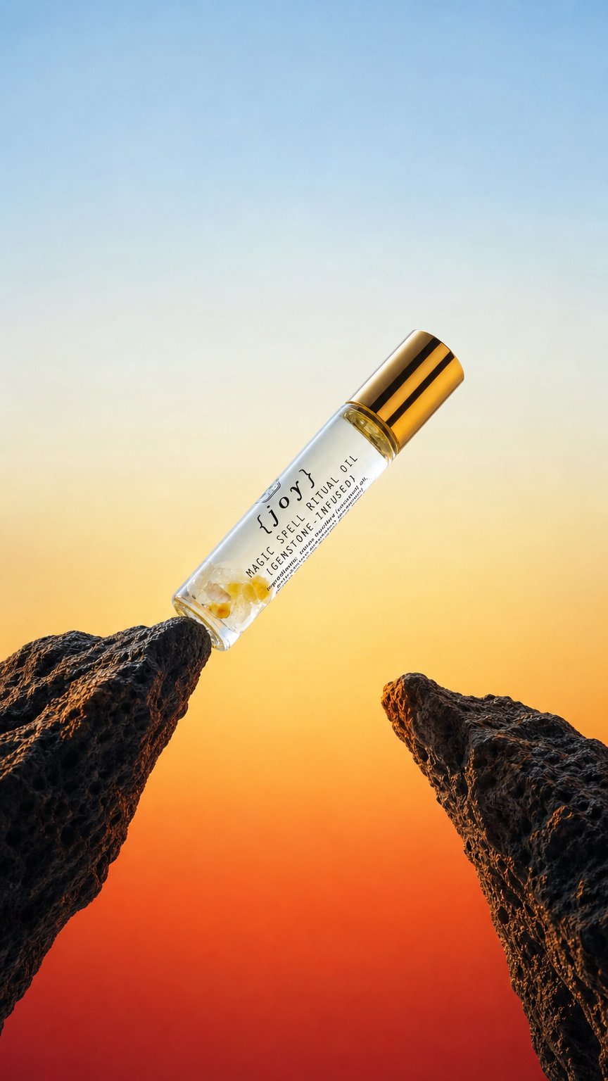 AI product shot of Magic Spell Ritual Oil: Joy {Gemstone-Infused}