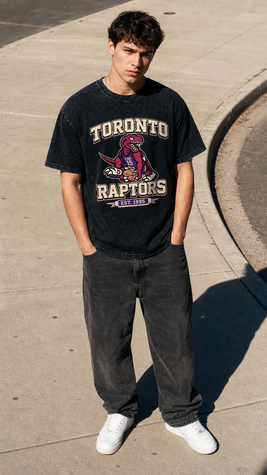 AI product shot of Toronto Raptors Vintage T-Shirt – Oversized Streetwear Shirt – 90s Basketball Graphic – Washed Raptors Tee