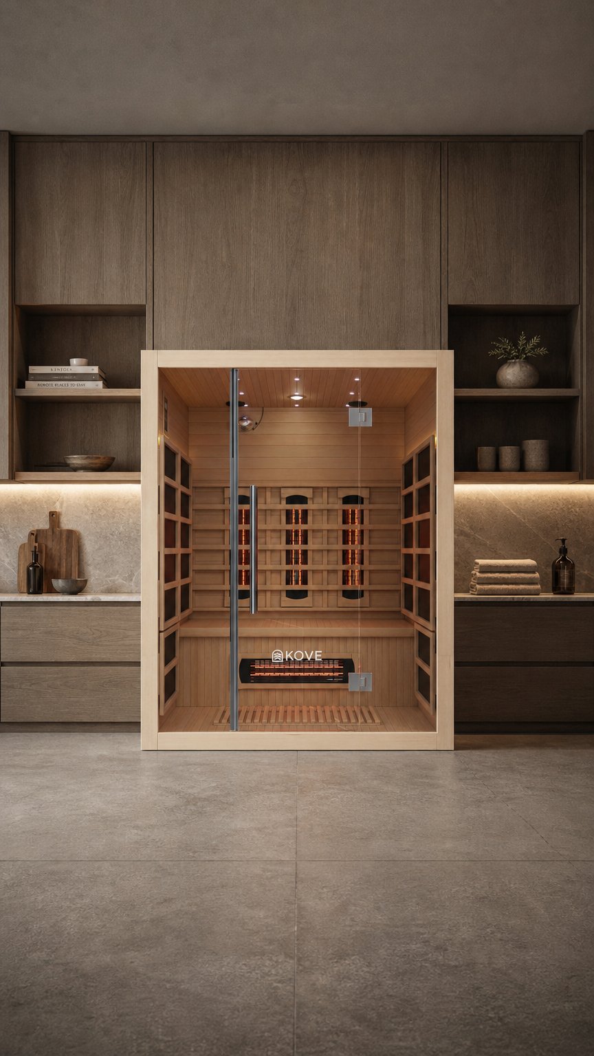 AI product shot of KOVE Full Spectrum Infrared Sauna – 3 Person