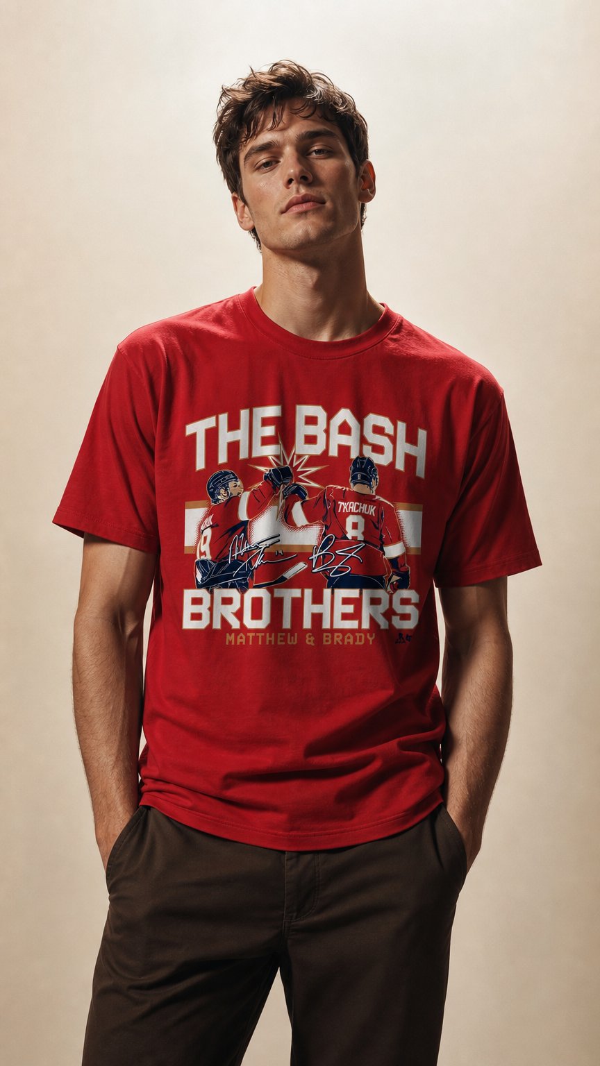 AI product shot of Bash Brothers Men's T-Shirt (Matthew & Brady Tkachuk) - Red