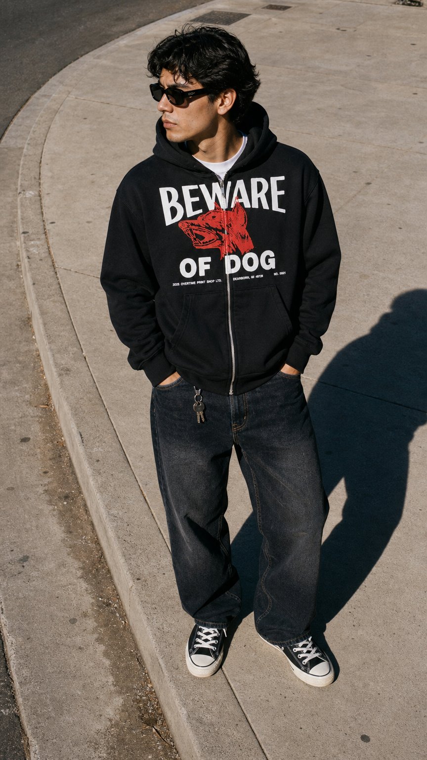 AI product shot of BEWARE OF DOG ZIP-UP HOODIE (BLACK)