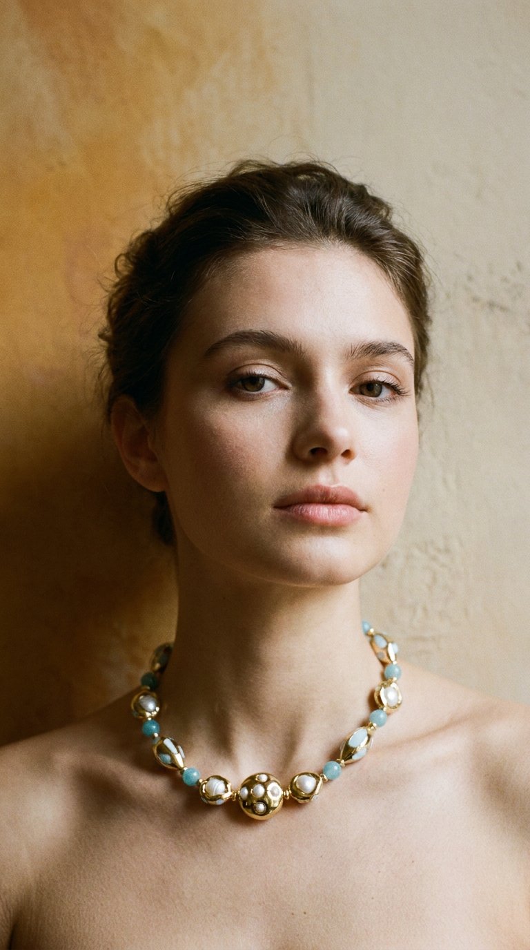 AI product shot of Gold Plated Aquamarine Necklace with Freeform Mother of Pearl Beads