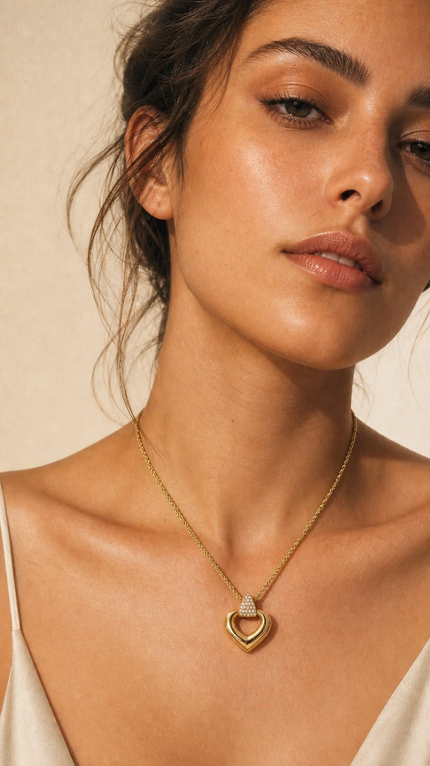 AI product shot of LUMI HEART GOLD NECKLACE