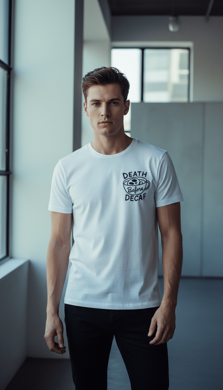 AI product shot of Death Before Decaf White Front & Back T-Shirt