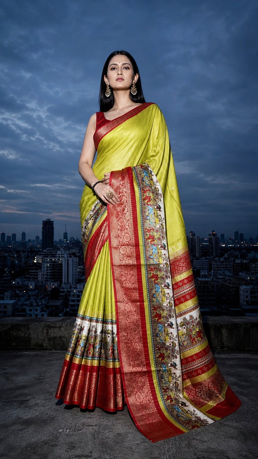 AI product shot of Devi Drapes” – Soonyachi Pure Dola Silk Saree with Jacquard Border