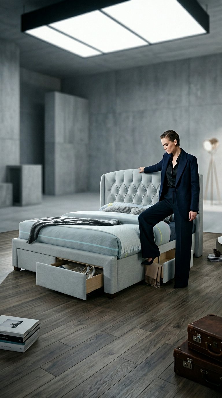 AI product shot of King Calgary Linen Fabric Bed Frame With 4 Under Bed Drawers - Stone (PICTURED) Or Dark Grey