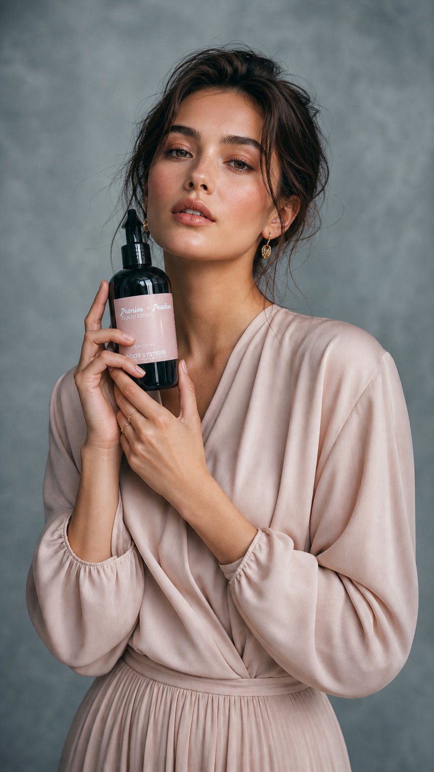 AI product shot of Peonies and Peaches Body Lotion