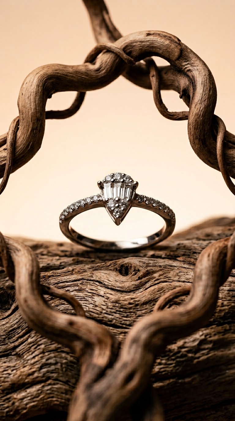 AI product shot of OneSixEight Pear Shaped Diamond Ring Half Eternity Band 18K White Gold