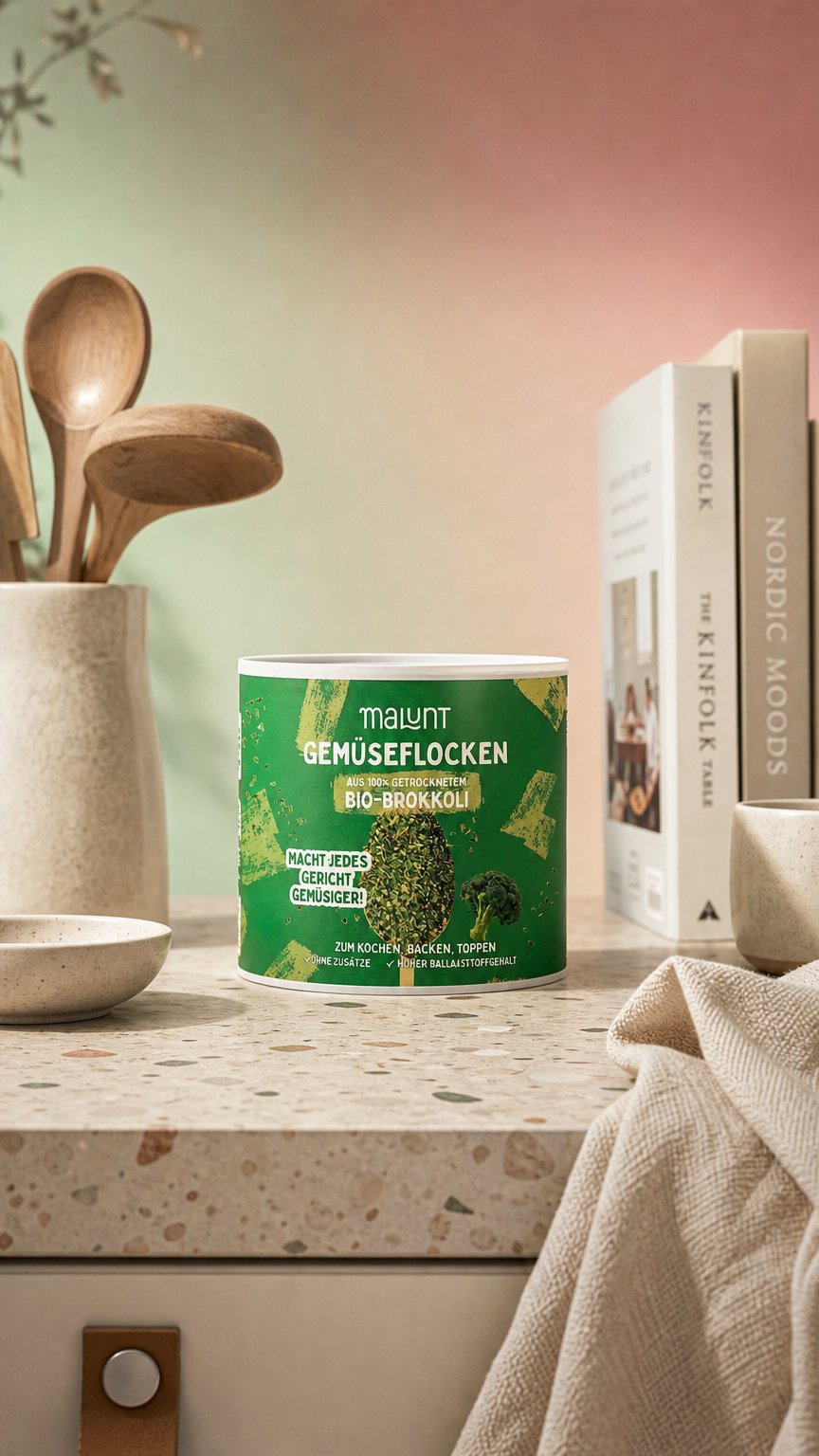 AI product shot of Brokkoli Flocken