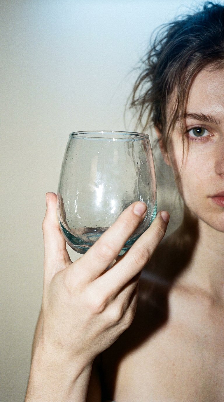 AI product shot of Designer Glas - mundgeblasen, braun oder transparent, handgemacht