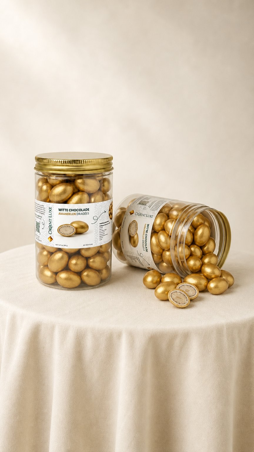 AI product shot of Witte Chocolade Amandelen Gouden Dragee 300g