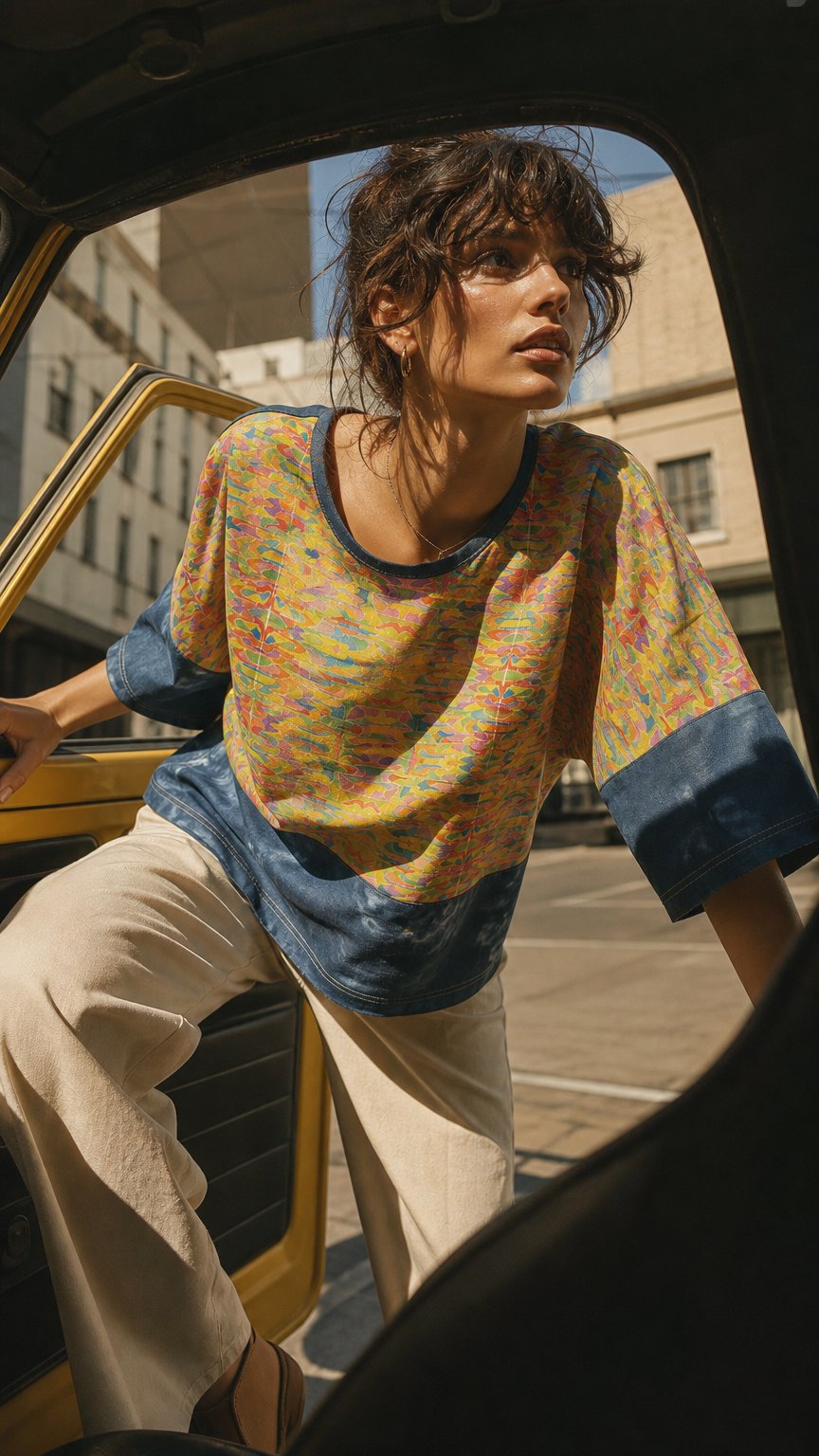 AI product shot of Art Top - Rainbow watercolour with Indigo - Small