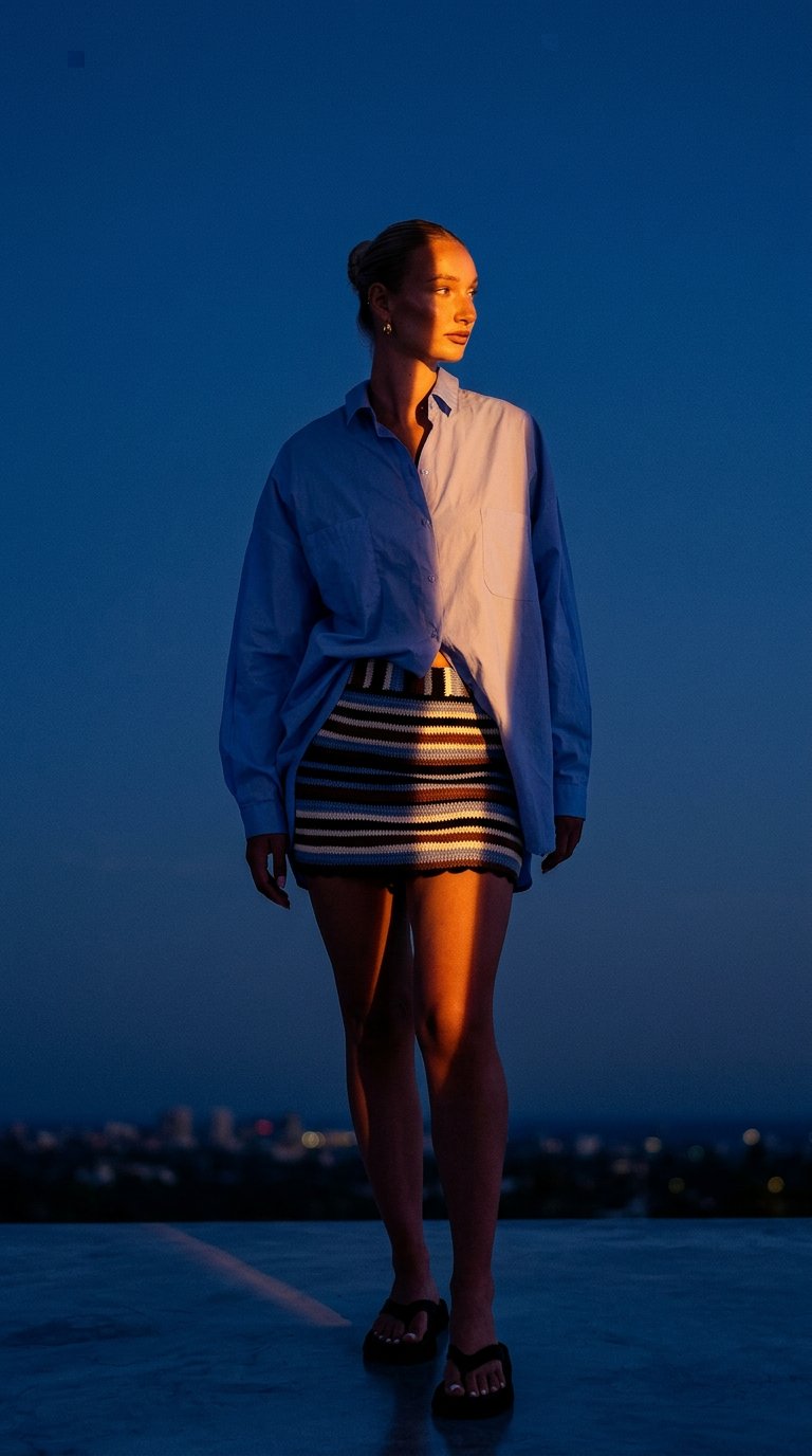 AI product shot of BILLIE SKIRT - Blue/Brown Stripe