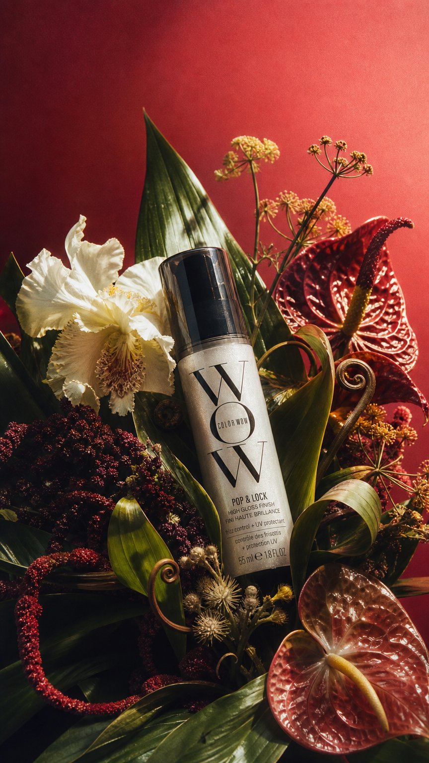 AI product shot of COLOR WOW Pop & Lock Anti-Frizz Hair Serum: Prevent Colour Fade, Temporarily Seal Split Ends, and Add Gloss - Get Silky, Shiny Hair!