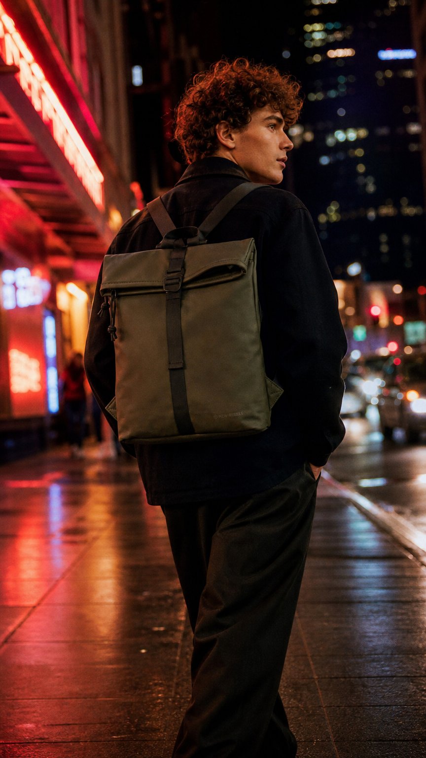AI product shot of New Rebels Mart Los Angeles Nachtgroen 7L Rolltop Rugzak Waterafstotend