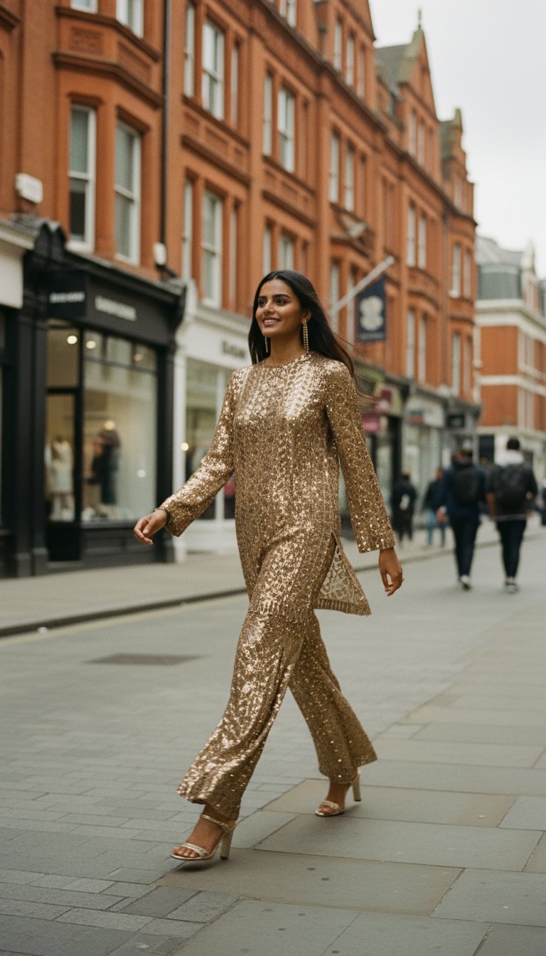 AI product shot of GOLD SEQUIN EMBROIDERED SET