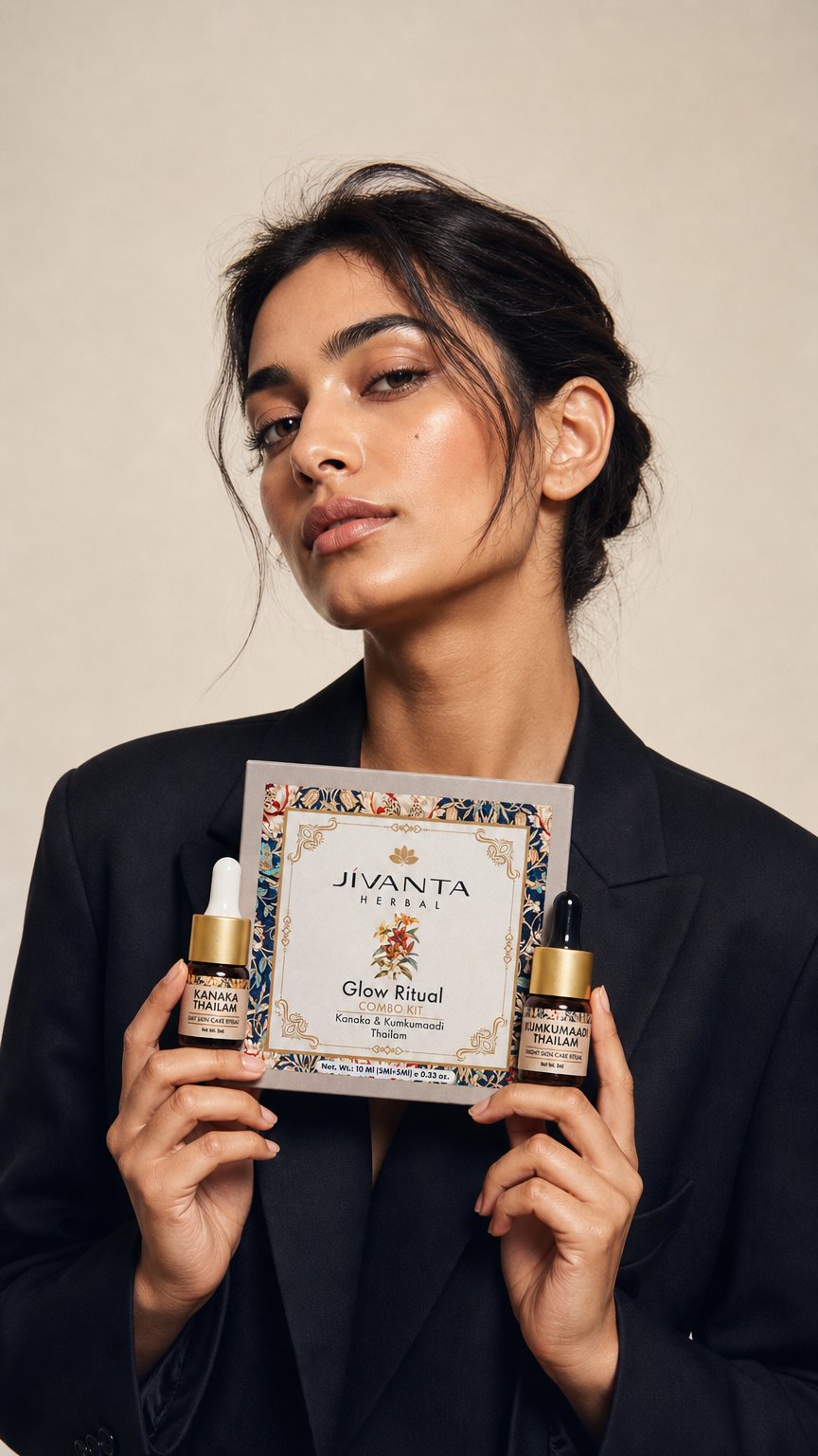 AI product shot of Glow Ritual Combo Kit | Kumkumaadi Thailam Ayurvedic Night Oil & Kanaka Thailam Ayurvedic Day Face Oil