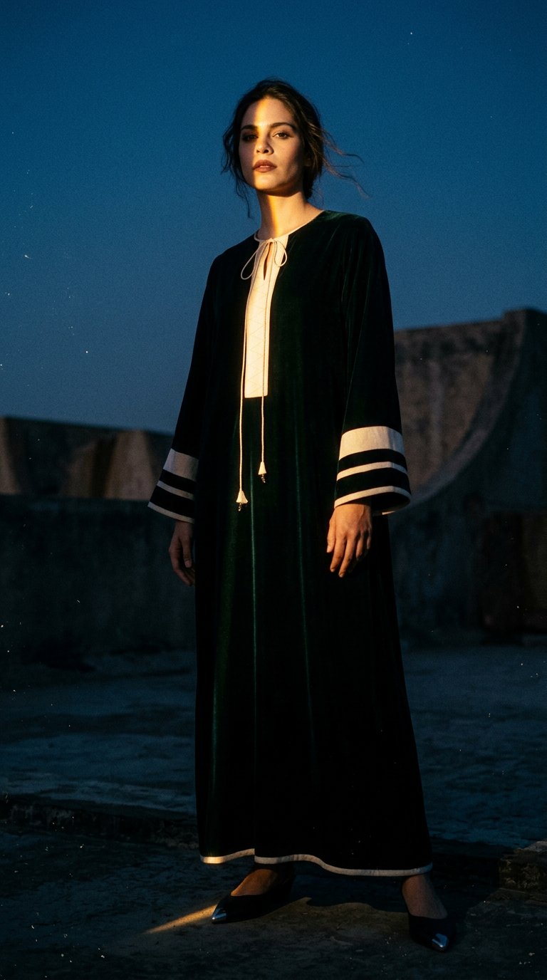 AI product shot of Velvet Kaftan in Dark Green
