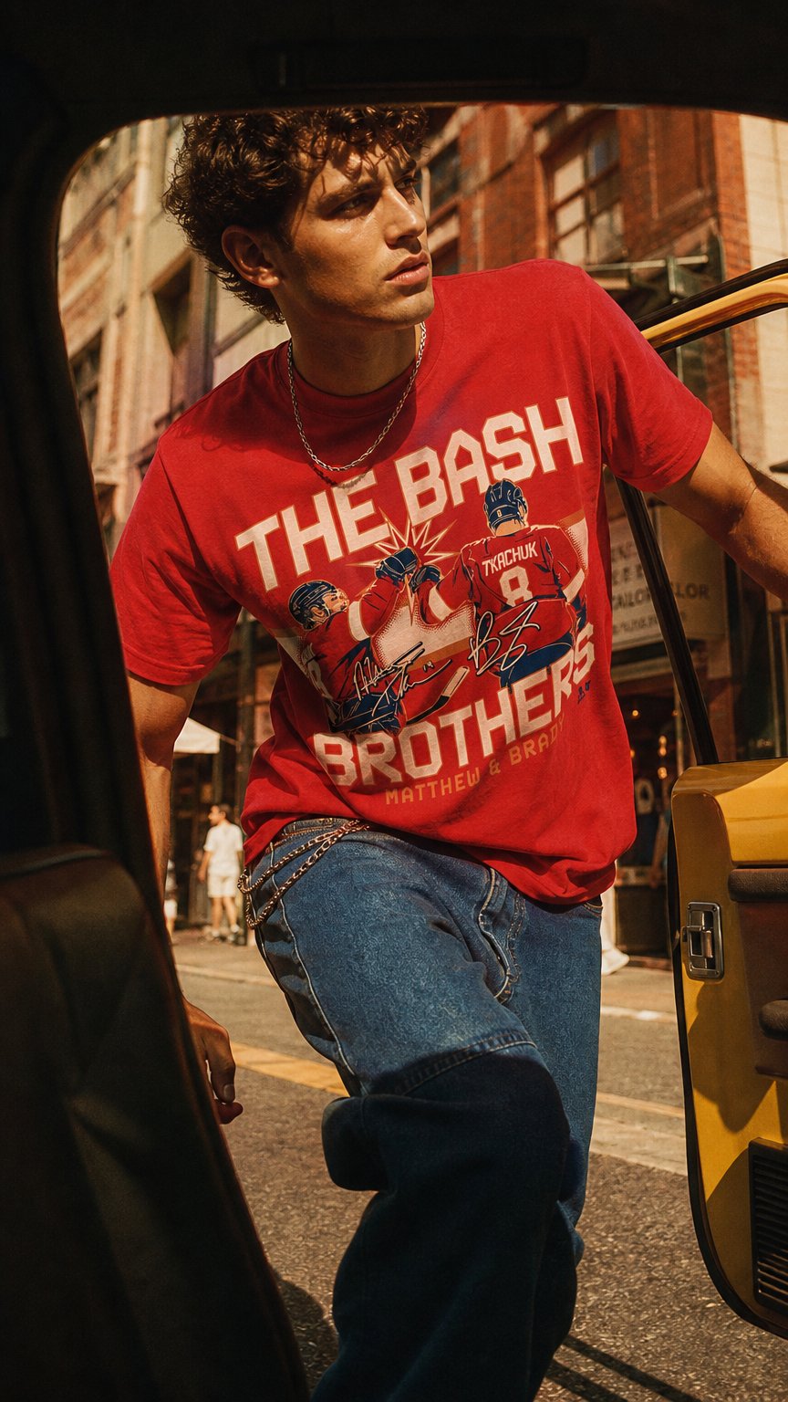 AI product shot of Bash Brothers Men's T-Shirt (Matthew & Brady Tkachuk) - Red