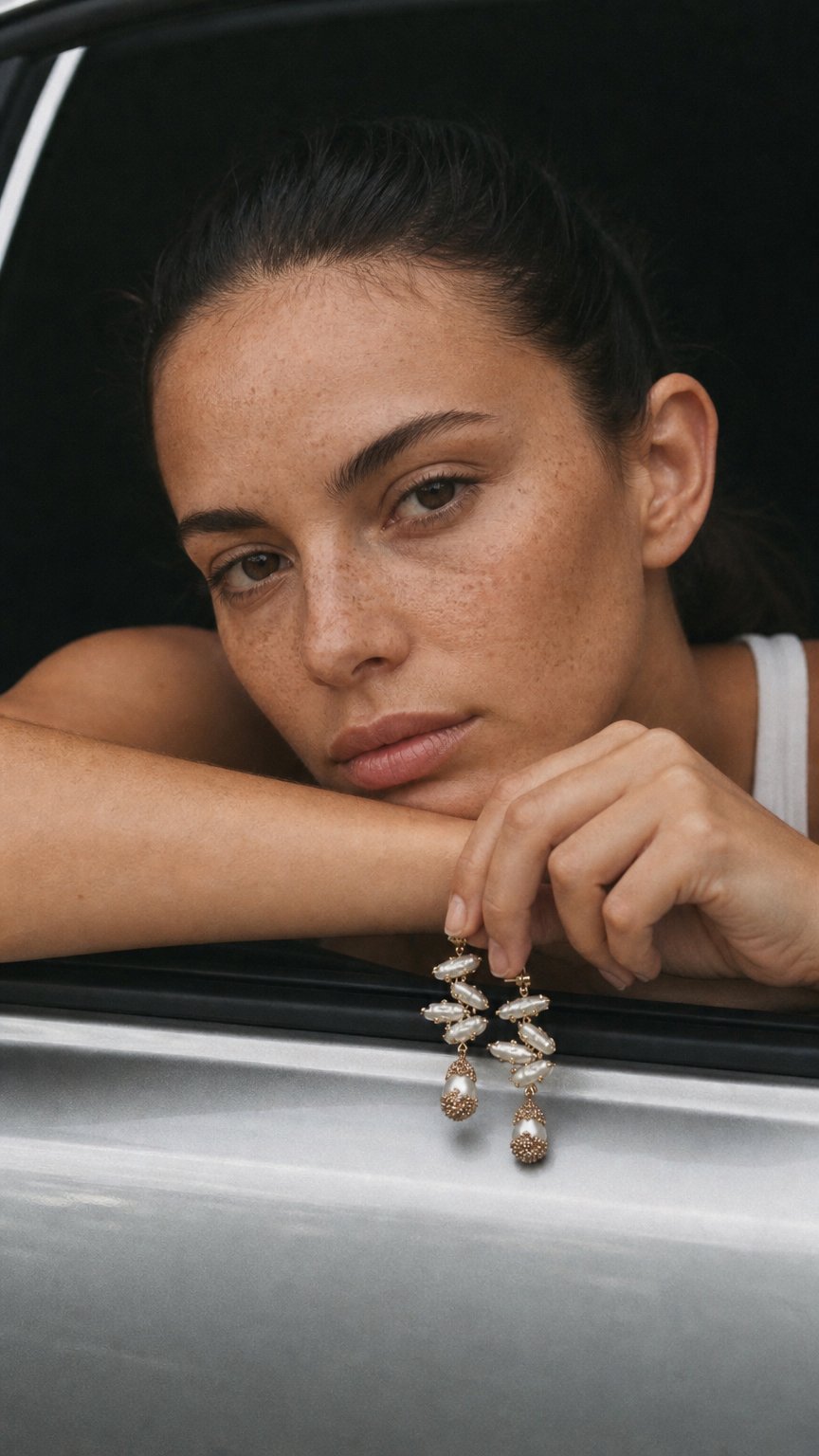 AI product shot of Navarro Official Pearl and Champagne Crystal Earrings