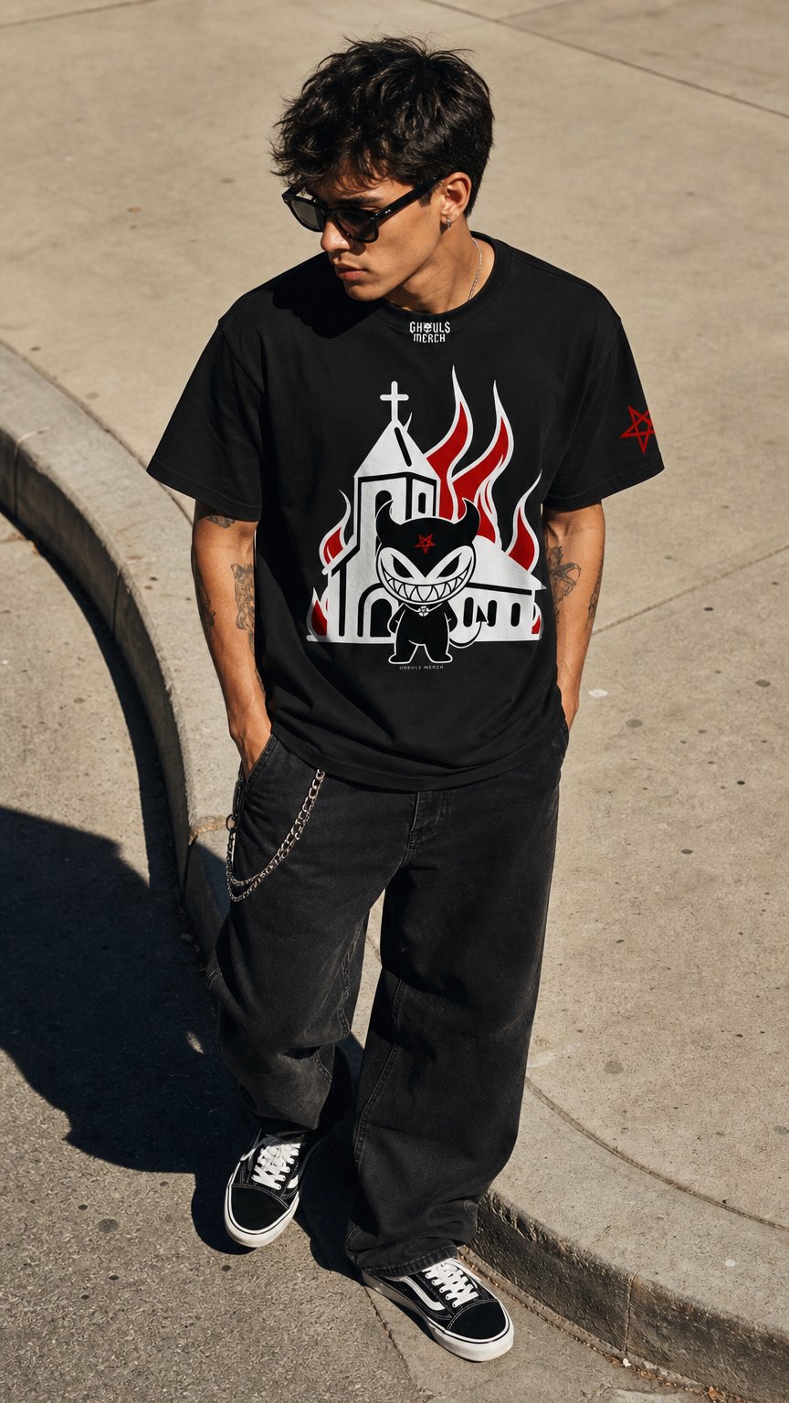 AI product shot of BURNING CHURCH - T-SHIRT