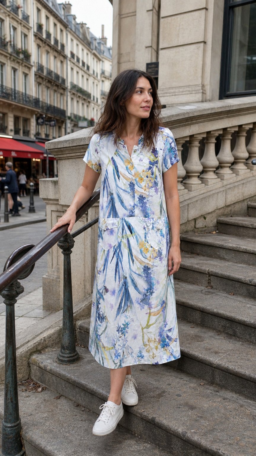 AI product shot of White/Blue Floral Meadow Print Linen Dress with Front Pockets