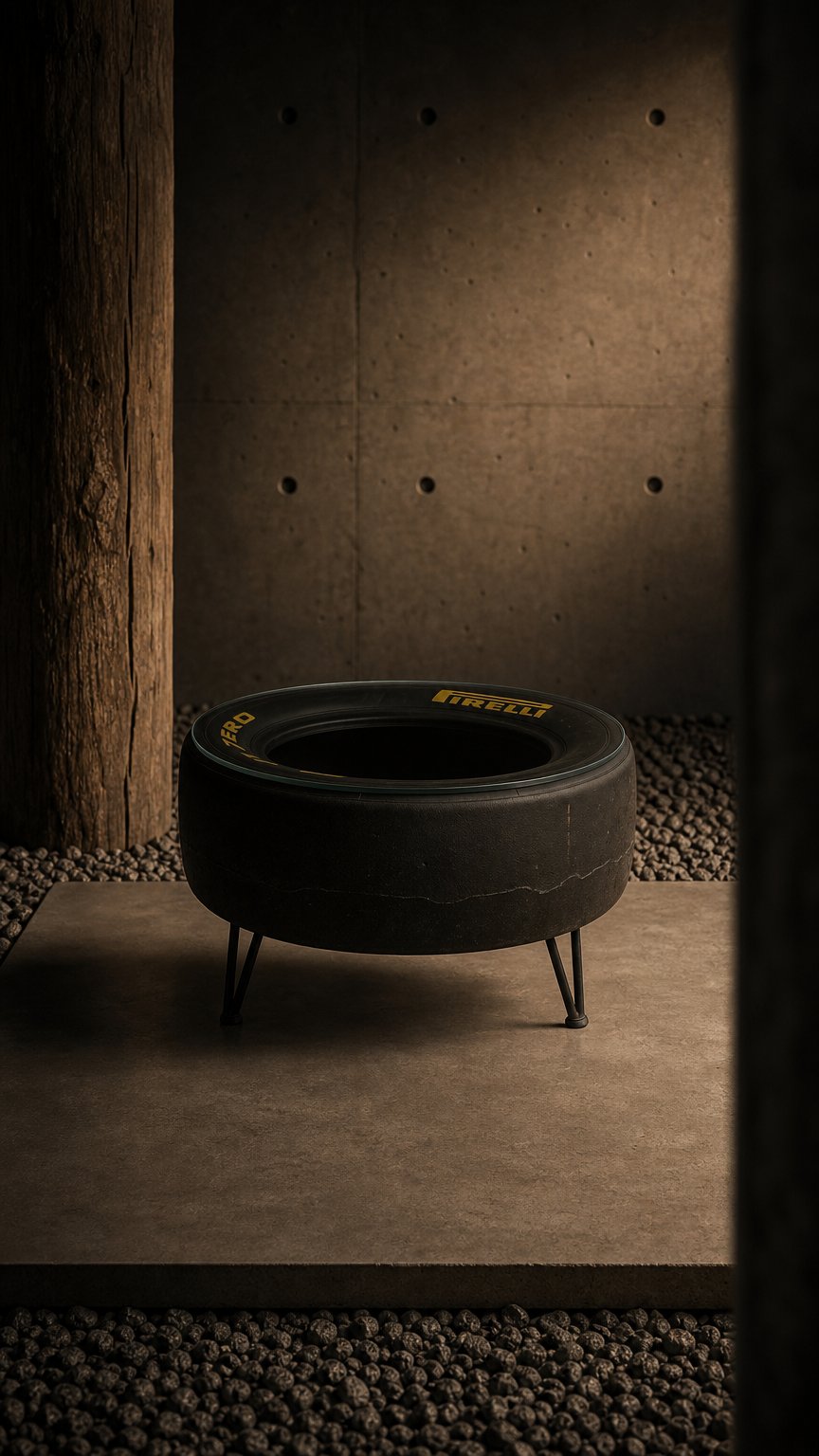 AI product shot of Racing Tyre Coffee Table | Handmade Car Rim Table for Man Cave, Garage Decor & Auto Enthusiasts | Unique Motorsport Furniture