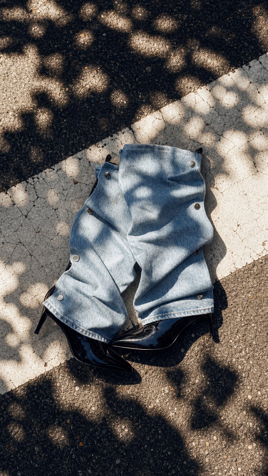 AI product shot of SHINY LIGHT BLUE DENIM HEELS
