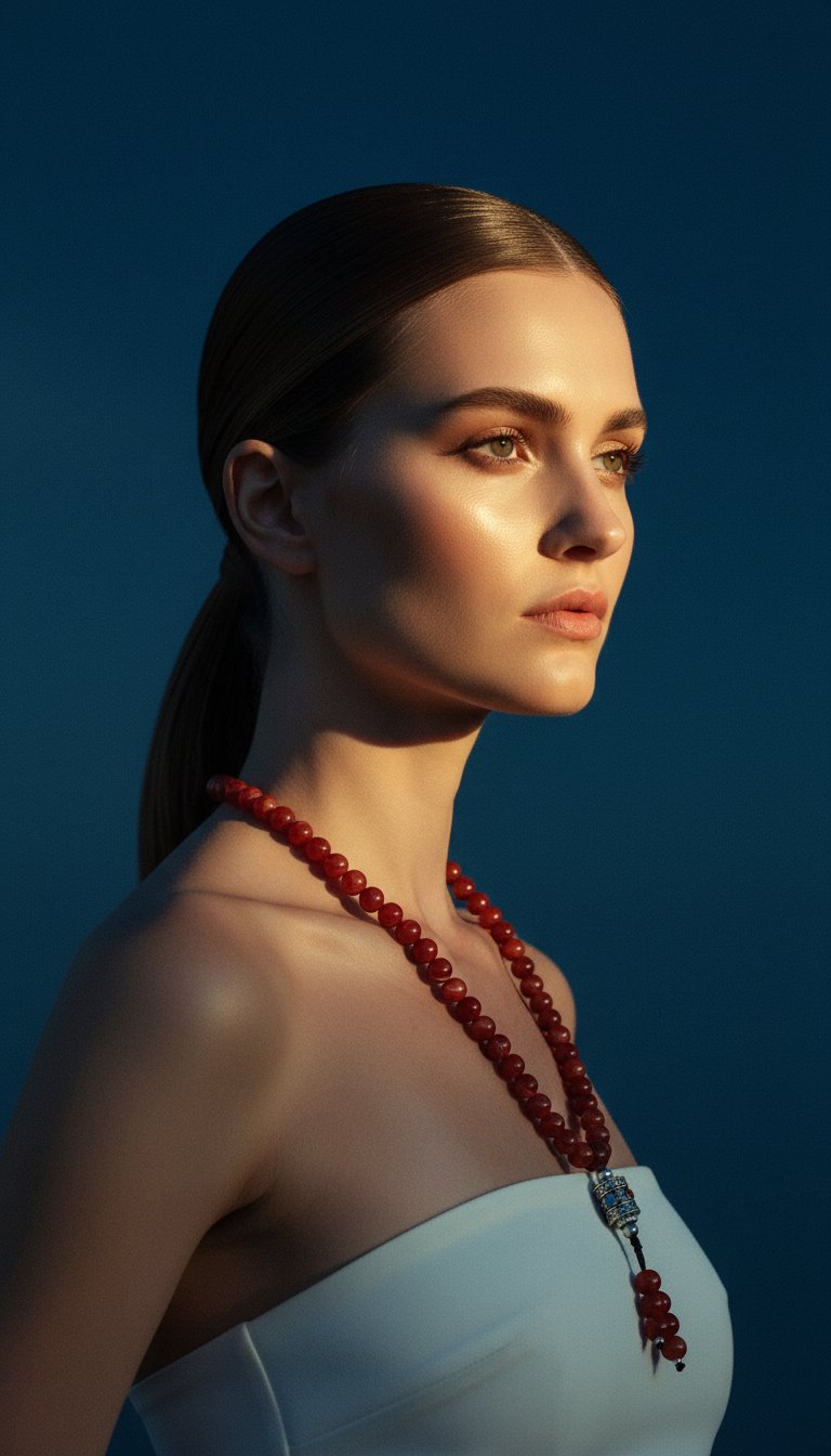 AI product shot of Red Dzi Beads Mala + Free Chant A Mantra Booklet