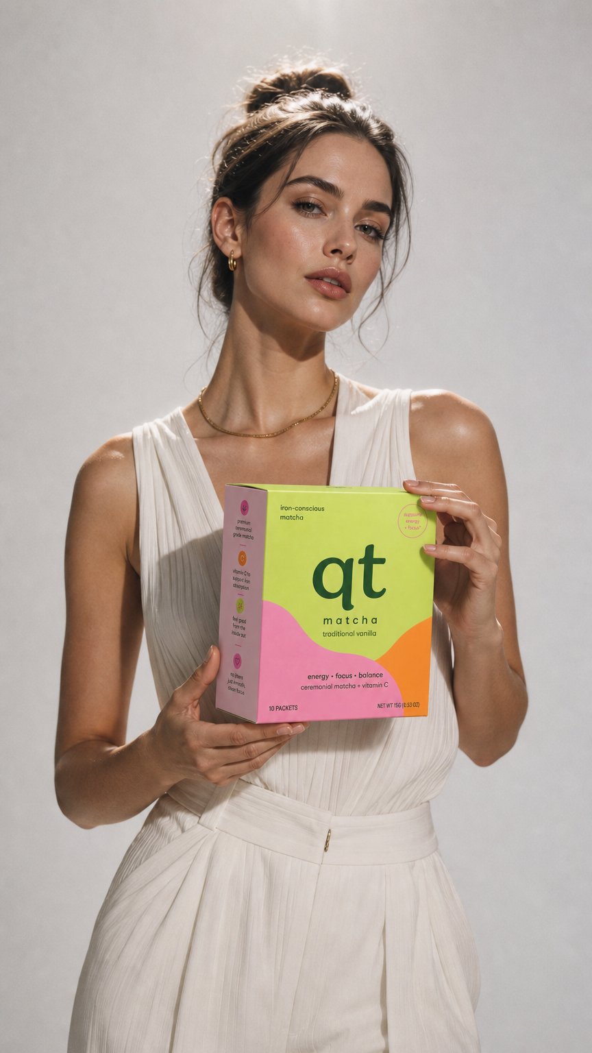 AI product shot of qt matcha ceremonial-grade iron-conscious matcha