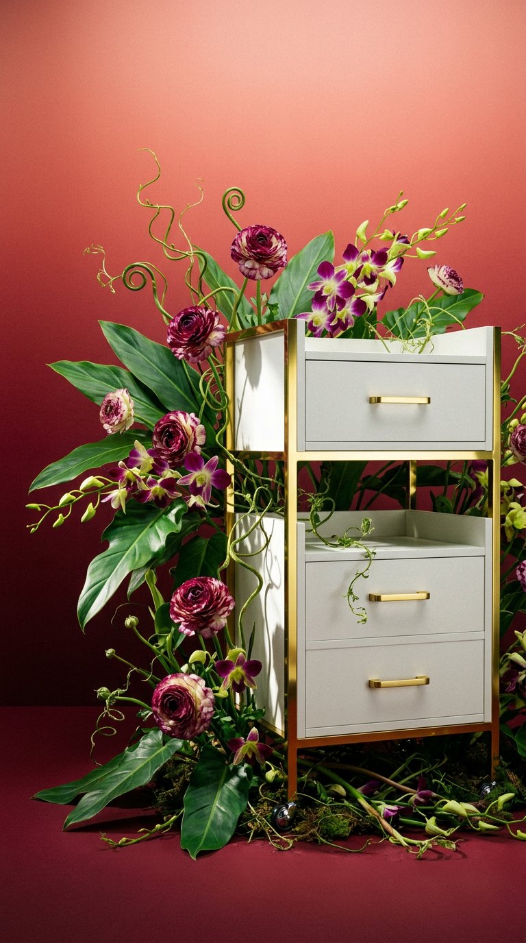 AI product shot of Lotus Poppy White Salon Trolley with Gold Frame
