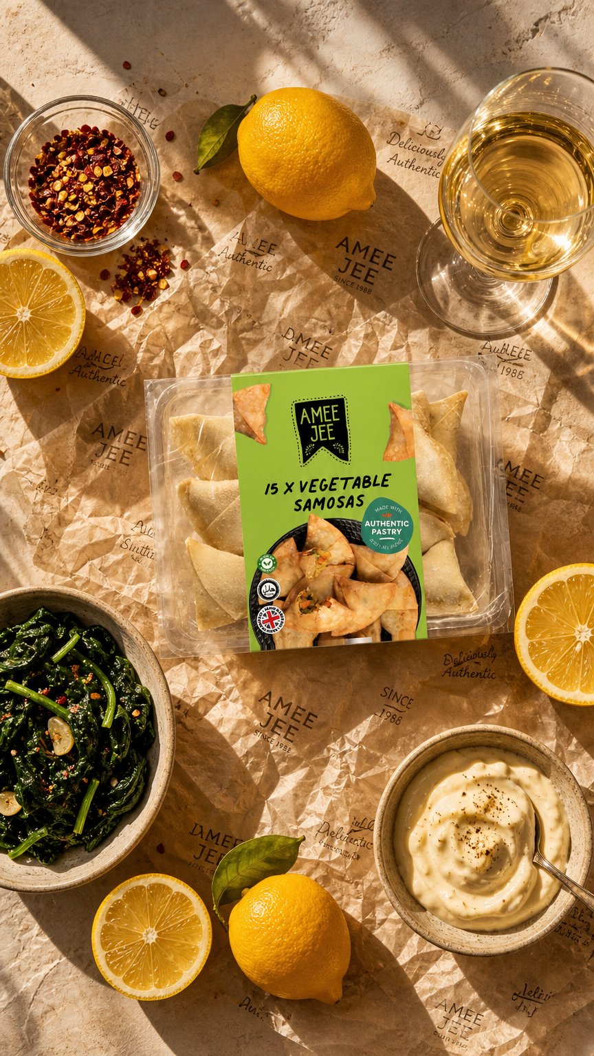 AI product shot of 15 Vegetable Samosas – Amee Jee Vegetarian Pastry Snack