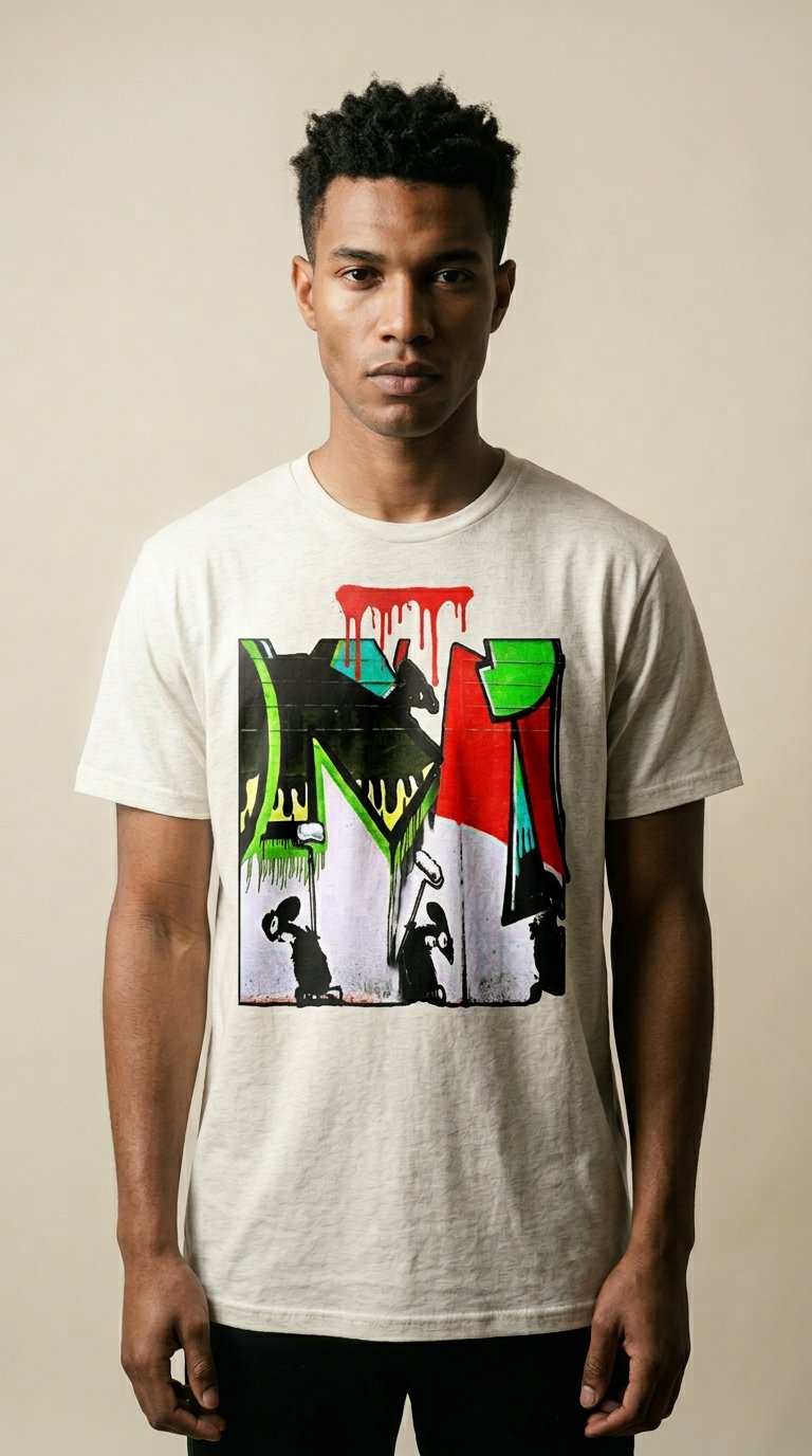 AI product shot of Erthe Apparel Mouse Work Tee: Urban Art-Inspired Streetwear