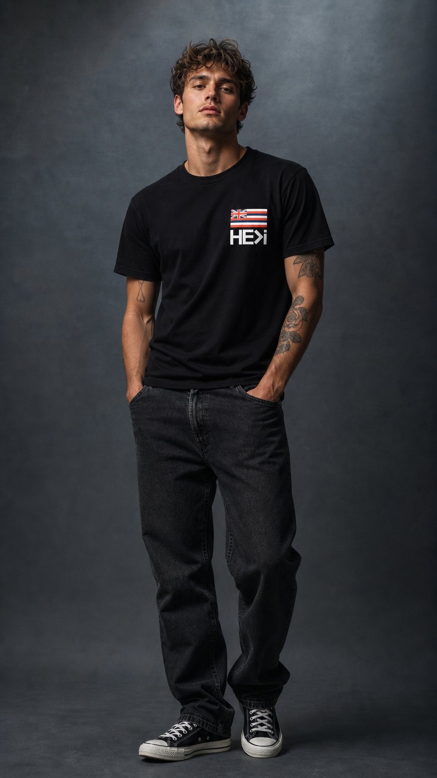 AI product shot of HAWAIIAN FLAG TEE IN BLACK