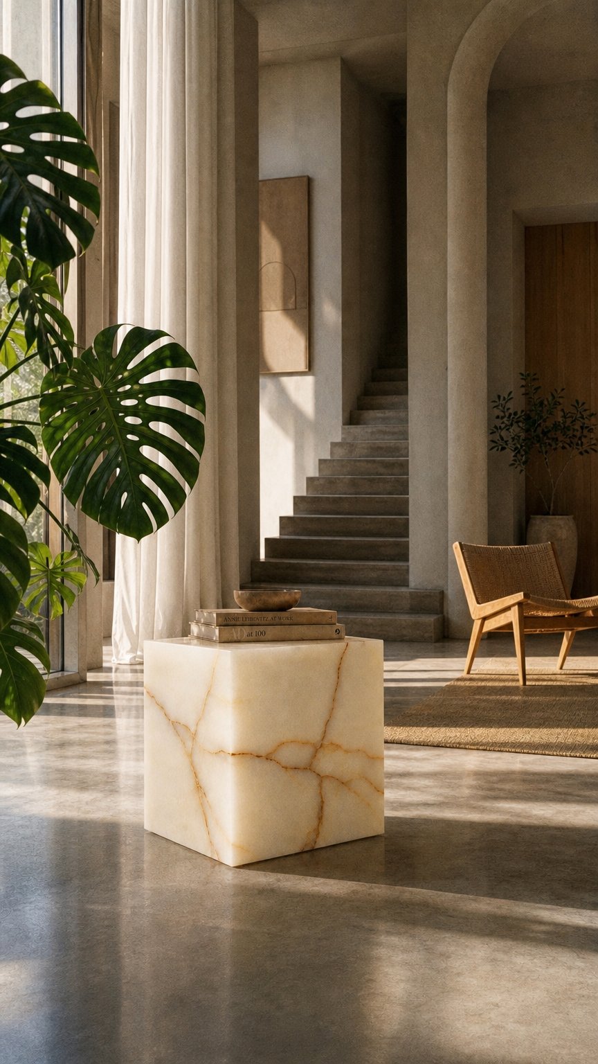 AI product shot of The White Onyx Table