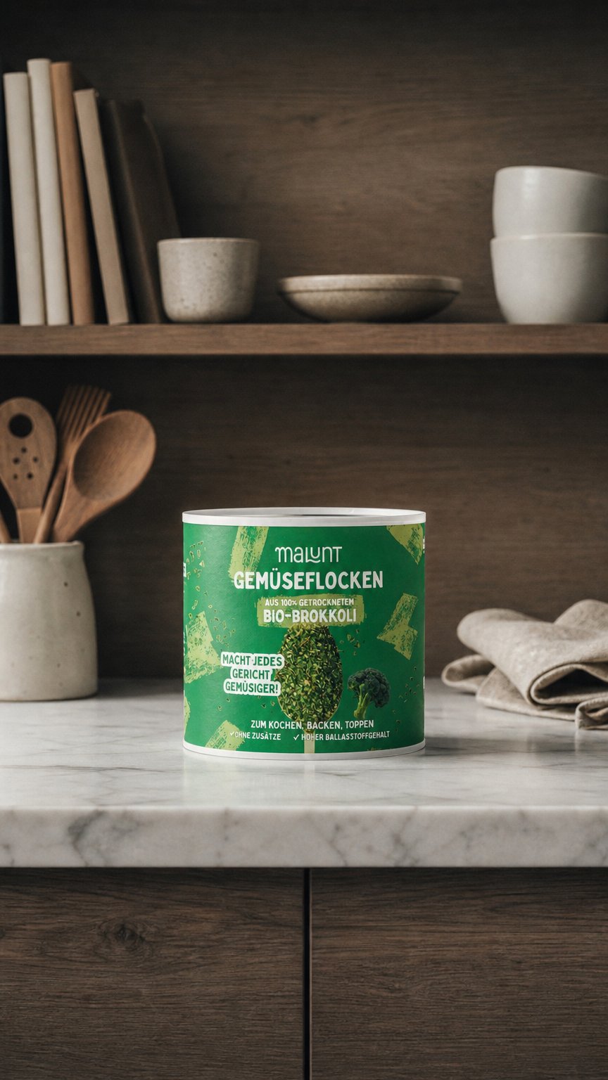 AI product shot of Brokkoli Flocken