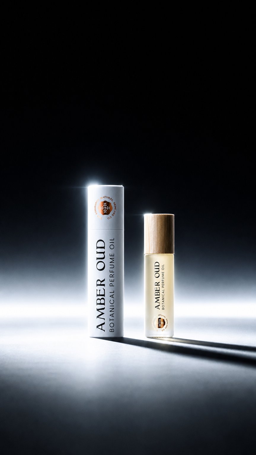 AI product shot of Amber Oud 10Ml Rollerball Travel Mini Botanical Perfume Oil.