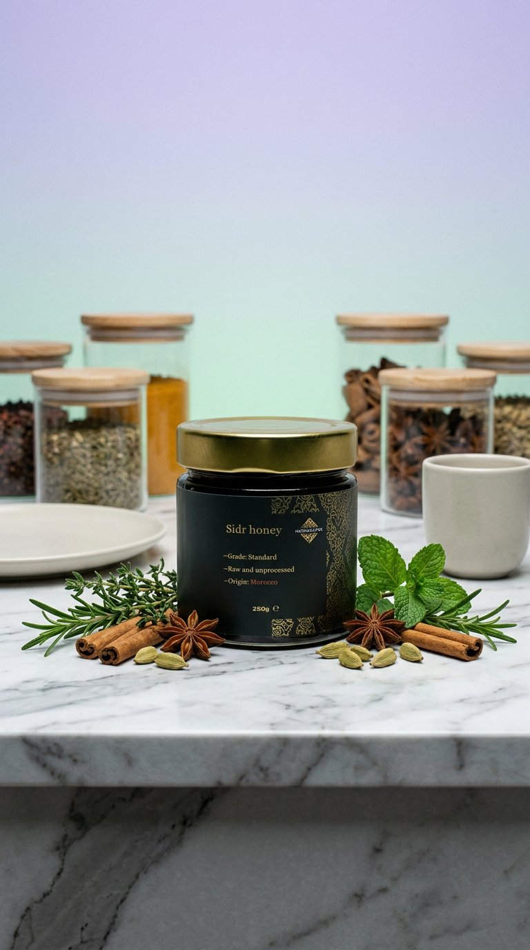 AI product shot of Sidr honey from Morocco