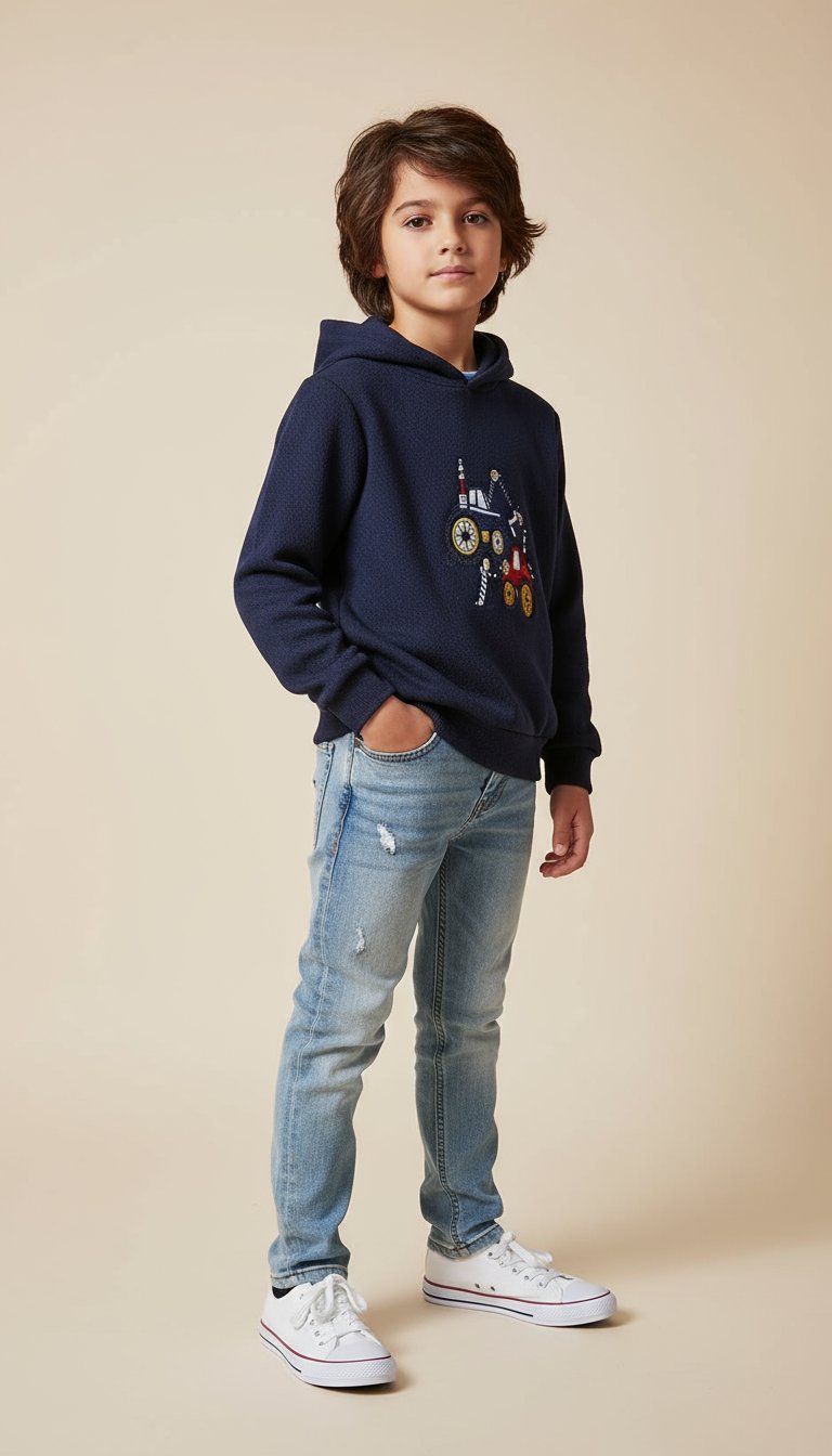 AI product shot of Boys Printed Full Sleeves Fleece Hoodie with Sticker Print Pullover Sweatshirt