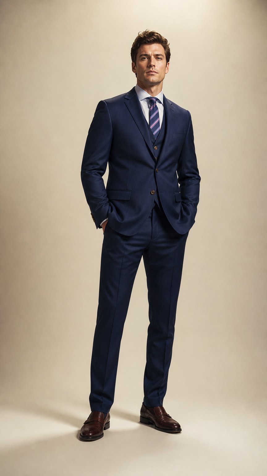 AI product shot of Navy three-piece suit