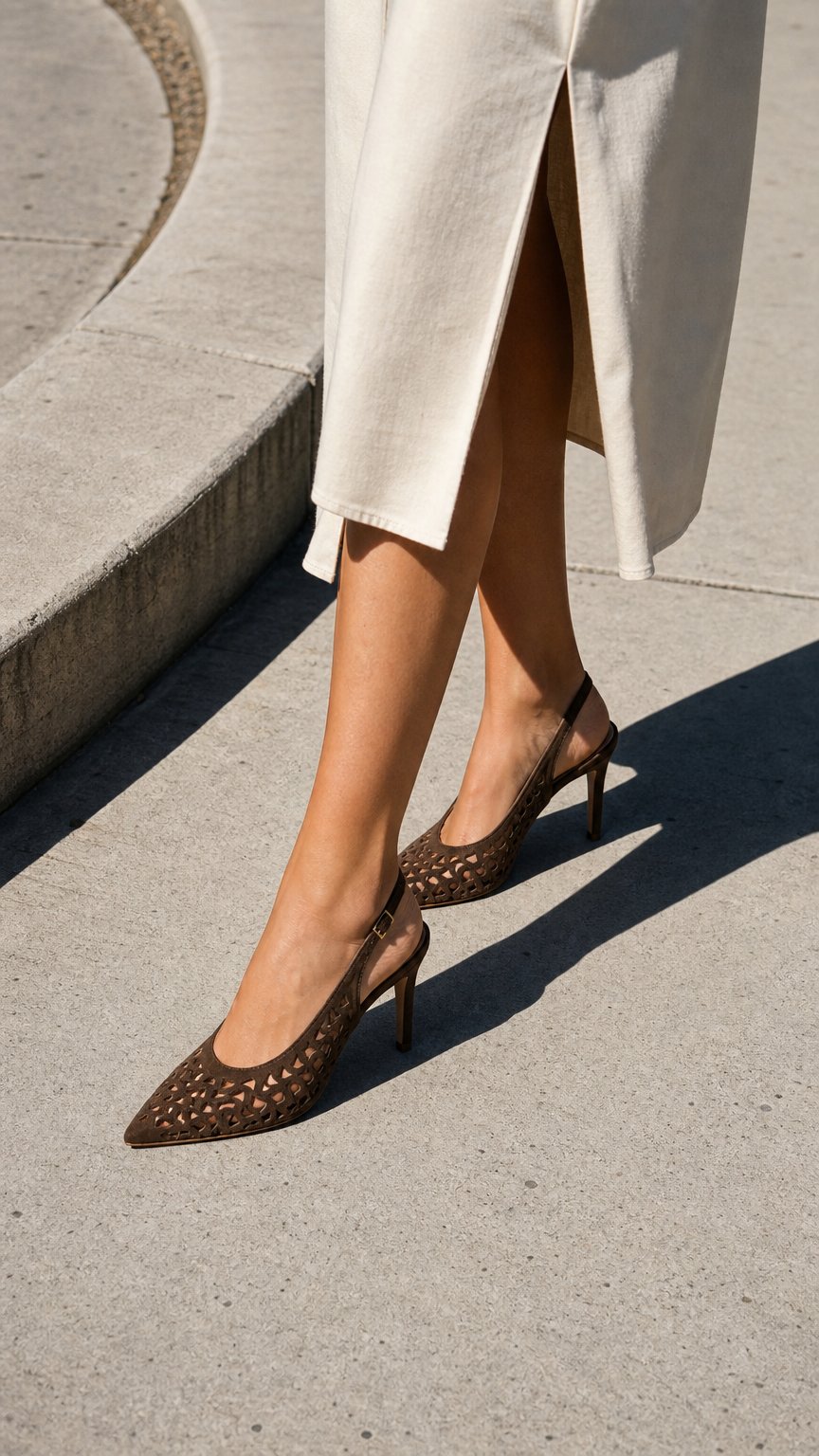 AI product shot of Slingback Camoscio Traforato Moro, stiletto 70mm