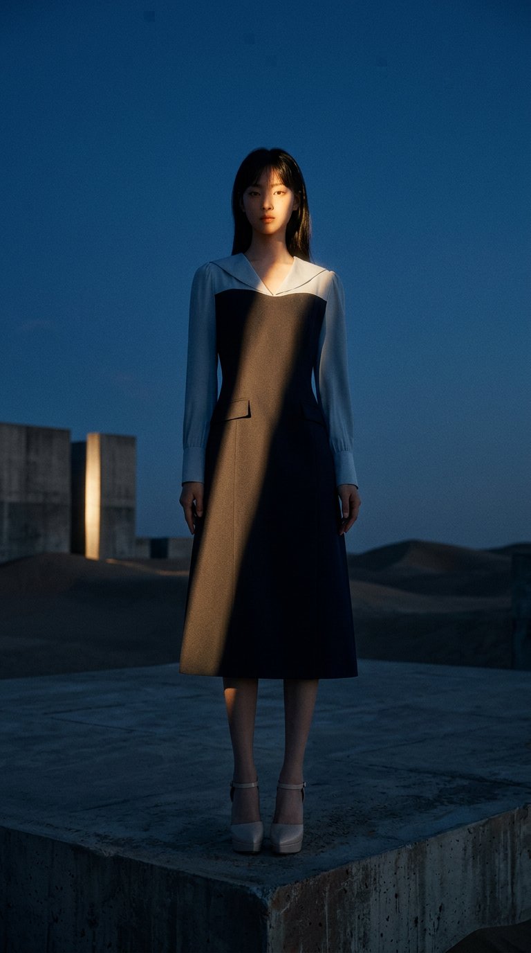 AI product shot of Aella block dress (2colors)
