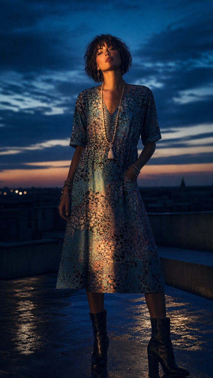 AI product shot of Cotton Knee-Length Dress Summer Elegant Floral Pattern V-Neck Shift Sun Dress