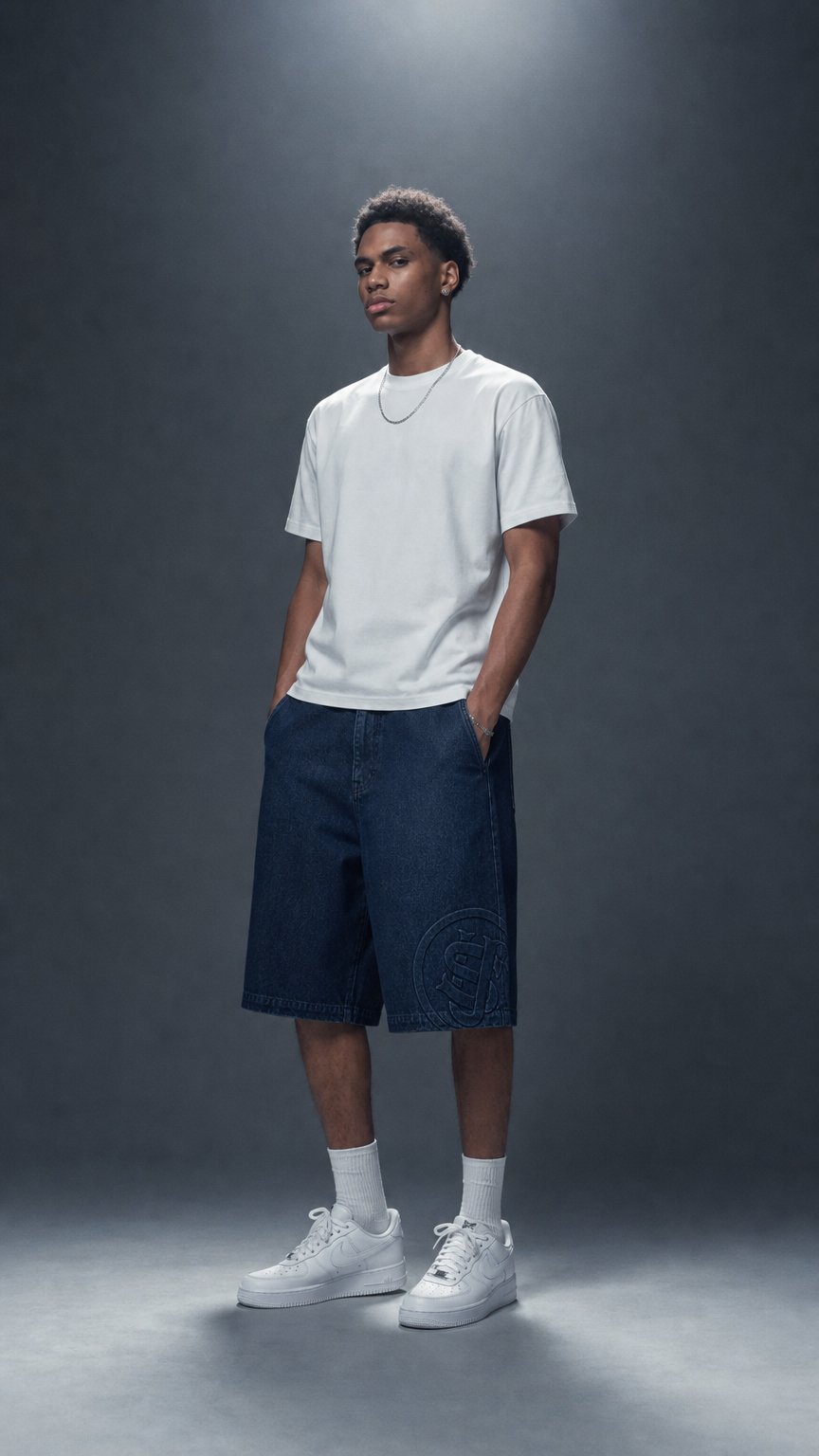 AI product shot of SU26 DENIM SHORTS - BLUE