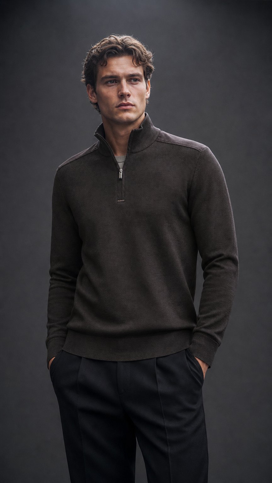 AI product shot of Gebreide Trui met Rits Bruin | Summer Wool