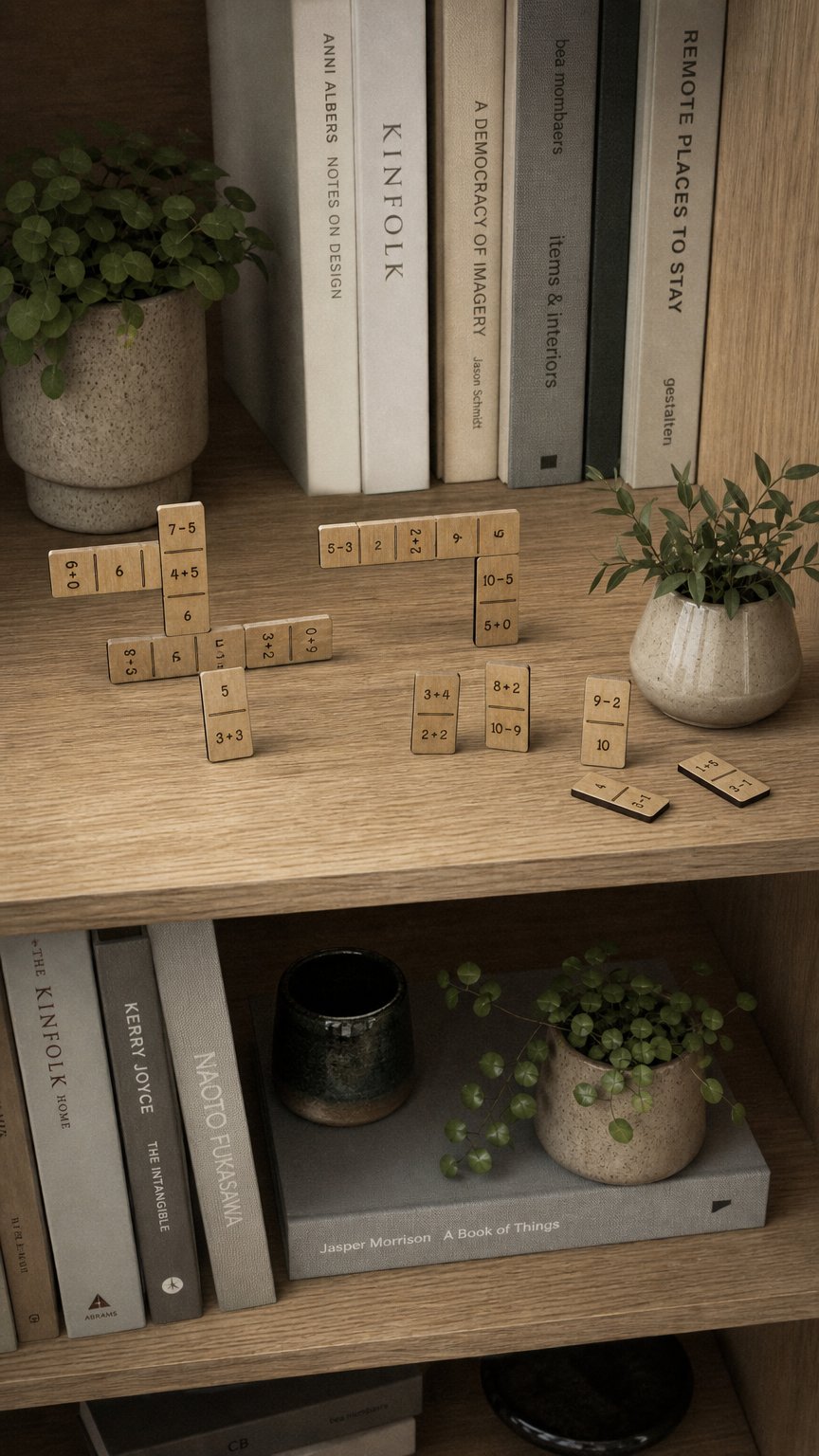 AI product shot of Addition & Subtraction Math Dominoes | Hands-On Wooden Math Learning Game for Kids