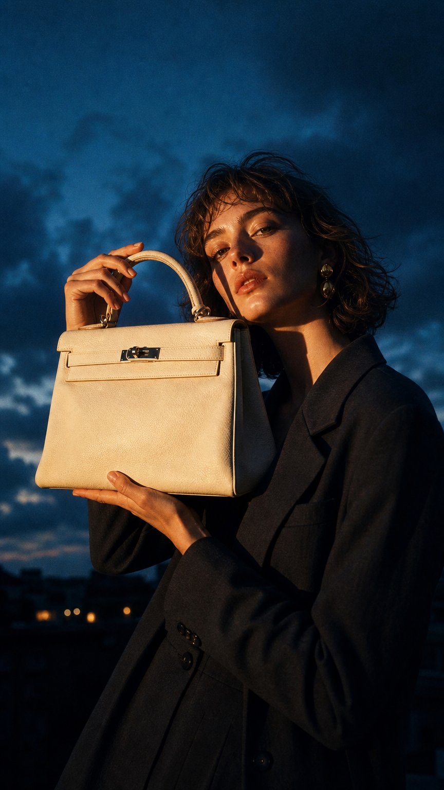 AI product shot of *Rare* Hermès Kelly 32 Retourné Dalmatian White Buffalo Skipper Palladium Hardware 2001